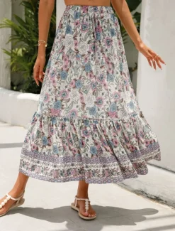 Outlet Women's Skirt A Line Bohemia Casual Midi High Waist Skirts Floral Pocket Print Micro-elastic Street Daily Red Orange Dark Blue Apricot Summer Rayon Women Skirts