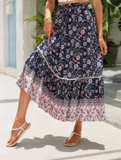 Outlet Women's Skirt A Line Bohemia Casual Midi High Waist Skirts Floral Pocket Print Micro-elastic Street Daily Red Orange Dark Blue Apricot Summer Rayon Women Skirts