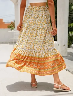 Outlet Women's Skirt A Line Bohemia Casual Midi High Waist Skirts Floral Pocket Print Micro-elastic Street Daily Red Orange Dark Blue Apricot Summer Rayon Women Skirts