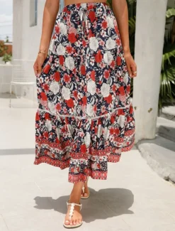 Outlet Women's Skirt A Line Bohemia Casual Midi High Waist Skirts Floral Pocket Print Micro-elastic Street Daily Red Orange Dark Blue Apricot Summer Rayon Women Skirts