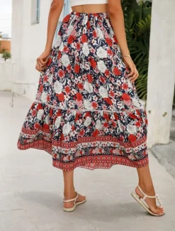 Outlet Women's Skirt A Line Bohemia Casual Midi High Waist Skirts Floral Pocket Print Micro-elastic Street Daily Red Orange Dark Blue Apricot Summer Rayon Women Skirts