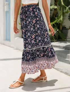 Outlet Women's Skirt A Line Bohemia Casual Midi High Waist Skirts Floral Pocket Print Micro-elastic Street Daily Red Orange Dark Blue Apricot Summer Rayon Women Skirts