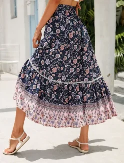 Outlet Women's Skirt A Line Bohemia Casual Midi High Waist Skirts Floral Pocket Print Micro-elastic Street Daily Red Orange Dark Blue Apricot Summer Rayon Women Skirts