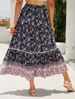 Outlet Women's Skirt A Line Bohemia Casual Midi High Waist Skirts Floral Pocket Print Micro-elastic Street Daily Red Orange Dark Blue Apricot Summer Rayon Women Skirts
