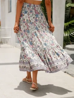 Outlet Women's Skirt A Line Bohemia Casual Midi High Waist Skirts Floral Pocket Print Micro-elastic Street Daily Red Orange Dark Blue Apricot Summer Rayon Women Skirts