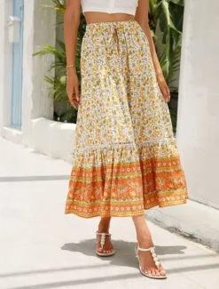 Outlet Women's Skirt A Line Bohemia Casual Midi High Waist Skirts Floral Pocket Print Micro-elastic Street Daily Red Orange Dark Blue Apricot Summer Rayon Women Skirts