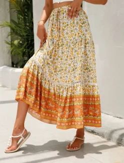 Outlet Women's Skirt A Line Bohemia Casual Midi High Waist Skirts Floral Pocket Print Micro-elastic Street Daily Red Orange Dark Blue Apricot Summer Rayon Women Skirts