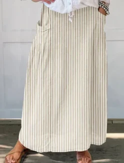 Discount Women's Skirt A Line Bohemia Vintage Casual Maxi High Waist Skirts Striped Pocket Print Micro-elastic Street Daily Blue Brown Apricot Gray Summer Polyester Cotton Blend Women Skirts