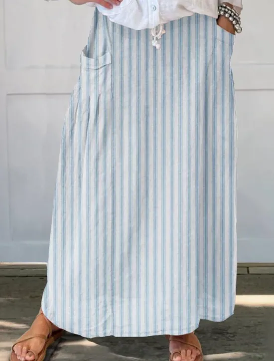 Discount Women's Skirt A Line Bohemia Vintage Casual Maxi High Waist Skirts Striped Pocket Print Micro-elastic Street Daily Blue Brown Apricot Gray Summer Polyester Cotton Blend Women Skirts