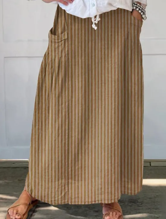 Discount Women's Skirt A Line Bohemia Vintage Casual Maxi High Waist Skirts Striped Pocket Print Micro-elastic Street Daily Blue Brown Apricot Gray Summer Polyester Cotton Blend Women Skirts