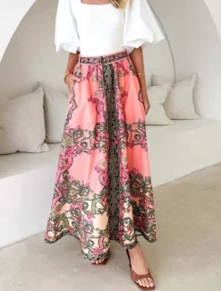 Best Women's Skirt A Line Bohemia Casual Maxi High Waist Skirts Floral Print Micro-elastic Street Daily Summer Polyester Women Skirts