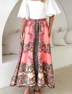 Best Women's Skirt A Line Bohemia Casual Maxi High Waist Skirts Floral Print Micro-elastic Street Daily Summer Polyester Women Skirts