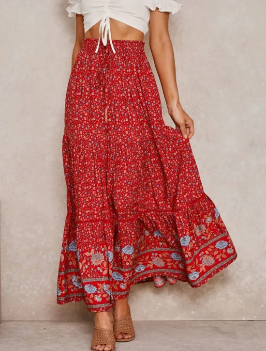 Sale Women's Skirt A Line Bohemia Casual Maxi High Waist Skirts Floral Print Micro-elastic Street Daily Red Apricot Summer Polyester Rayon Women Skirts