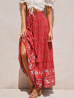 Sale Women's Skirt A Line Bohemia Casual Maxi High Waist Skirts Floral Print Micro-elastic Street Daily Red Apricot Summer Polyester Rayon Women Skirts