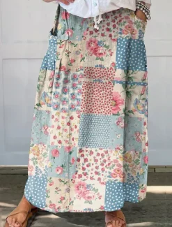 Outlet Women's Skirt A Line Bohemia Vintage Casual Maxi High Waist Skirts Floral Pocket Print Micro-elastic Street Daily Navy Blue Blue Sky Blue Brown Summer Polyester Faux Linen Women Skirts