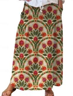 Outlet Women's Skirt A Line Bohemia Vintage Casual Maxi High Waist Skirts Floral Pocket Print Micro-elastic Street Daily Navy Blue Blue Sky Blue Brown Summer Polyester Faux Linen Women Skirts