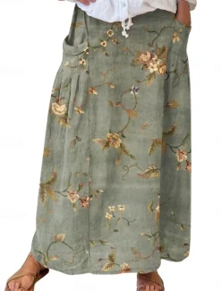 Outlet Women's Skirt A Line Bohemia Vintage Casual Maxi High Waist Skirts Floral Pocket Print Micro-elastic Street Daily White Blue Green Gray Summer Polyester Cotton Blend Women Skirts