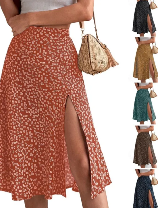 Online Women's Skirt A Line Casual Knee-length Mid Rise Skirts Floral Print Micro-elastic Vacation Street Black Yellow Blue Orange Summer Polyester Women Skirts
