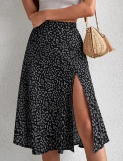Online Women's Skirt A Line Casual Knee-length Mid Rise Skirts Floral Print Micro-elastic Vacation Street Black Yellow Blue Orange Summer Polyester Women Skirts