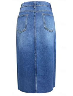 Sale Women's Skirt A Line Denim Midi Skirt Fashion Casual Midi High Waist Skirts Solid Colored Pocket Split Ends Street Daily Blue Light Blue Summer Denim Women Skirts
