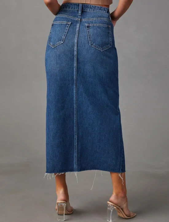 Sale Women's Skirt A Line Denim Midi Skirt Fashion Casual Midi High Waist Skirts Solid Colored Pocket Split Ends Street Daily Blue Light Blue Summer Denim Women Skirts