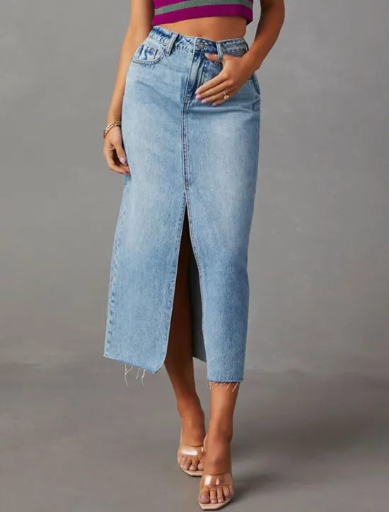 Sale Women's Skirt A Line Denim Midi Skirt Fashion Casual Midi High Waist Skirts Solid Colored Pocket Split Ends Street Daily Blue Light Blue Summer Denim Women Skirts