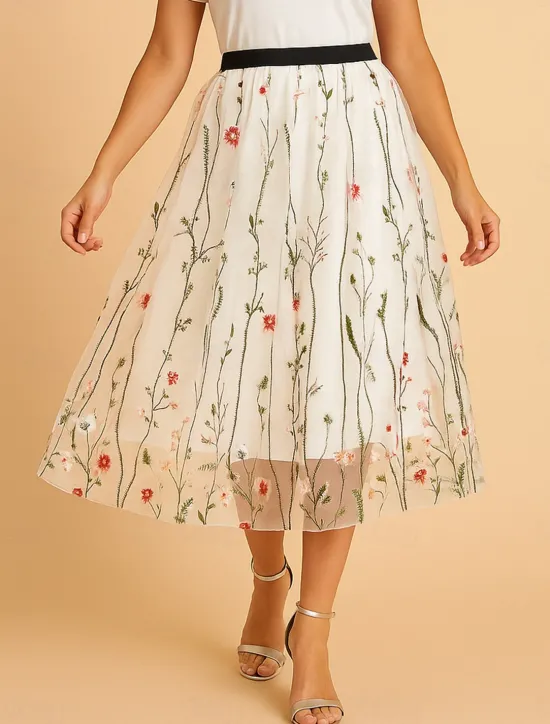 Hot Women's Skirt A Line Elegant Fashion Casual Maxi High Waist Skirts Floral Embroidered Micro-elastic Street Daily Black White Red Blue Summer Polyester Women Skirts