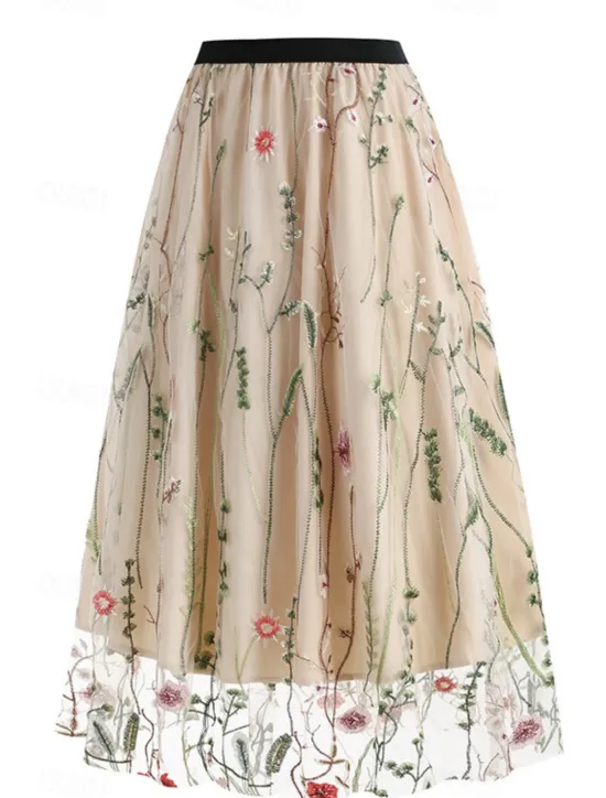 Hot Women's Skirt A Line Elegant Fashion Casual Maxi High Waist Skirts Floral Embroidered Micro-elastic Street Daily Black White Red Blue Summer Polyester Women Skirts