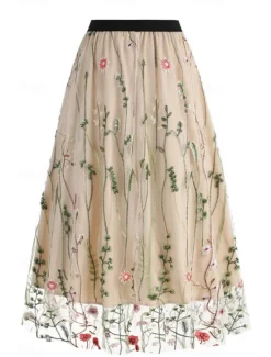 Hot Women's Skirt A Line Elegant Fashion Casual Maxi High Waist Skirts Floral Embroidered Micro-elastic Street Daily Black White Red Blue Summer Polyester Women Skirts