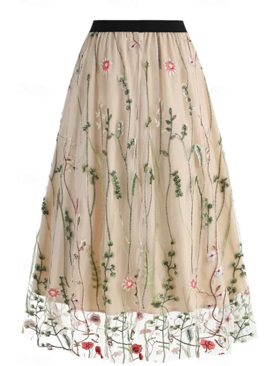 Hot Women's Skirt A Line Elegant Fashion Casual Maxi High Waist Skirts Floral Embroidered Micro-elastic Street Daily Black White Red Blue Summer Polyester Women Skirts