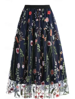 Hot Women's Skirt A Line Elegant Fashion Casual Maxi High Waist Skirts Floral Embroidered Micro-elastic Street Daily Black White Red Blue Summer Polyester Women Skirts