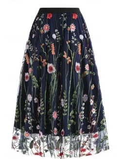 Hot Women's Skirt A Line Elegant Fashion Casual Maxi High Waist Skirts Floral Embroidered Micro-elastic Street Daily Black White Red Blue Summer Polyester Women Skirts
