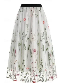 Hot Women's Skirt A Line Elegant Fashion Casual Maxi High Waist Skirts Floral Embroidered Micro-elastic Street Daily Black White Red Blue Summer Polyester Women Skirts