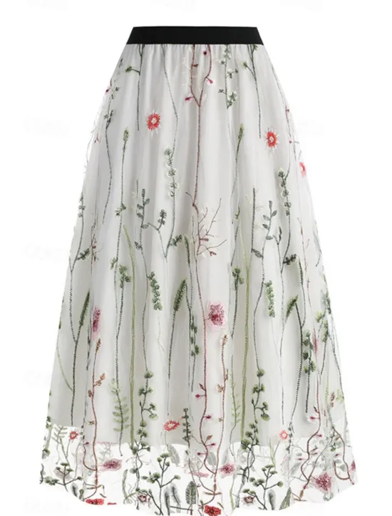 Hot Women's Skirt A Line Elegant Fashion Casual Maxi High Waist Skirts Floral Embroidered Micro-elastic Street Daily Black White Red Blue Summer Polyester Women Skirts