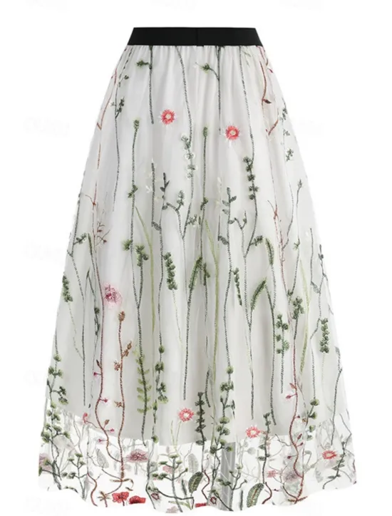 Hot Women's Skirt A Line Elegant Fashion Casual Maxi High Waist Skirts Floral Embroidered Micro-elastic Street Daily Black White Red Blue Summer Polyester Women Skirts