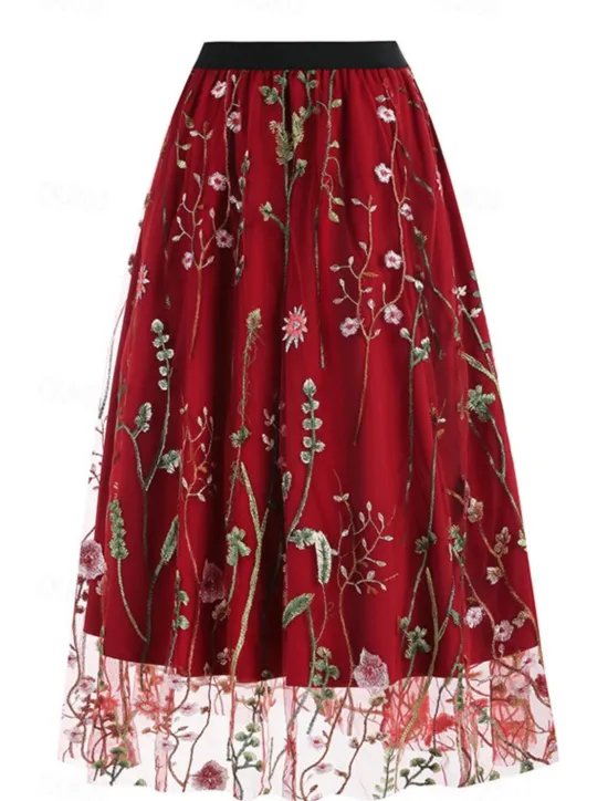 Hot Women's Skirt A Line Elegant Fashion Casual Maxi High Waist Skirts Floral Embroidered Micro-elastic Street Daily Black White Red Blue Summer Polyester Women Skirts