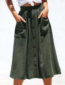 Clearance Women's Skirt A Line Fashion Casual Midi High Waist Skirts Plain Micro-elastic Street Daily Black Yellow Pink Navy Blue Summer Polyester Women Skirts