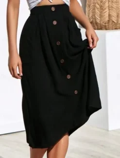 Clearance Women's Skirt A Line Fashion Casual Midi High Waist Skirts Plain Micro-elastic Street Daily Black Yellow Pink Navy Blue Summer Polyester Women Skirts