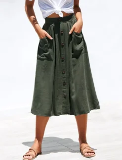 Clearance Women's Skirt A Line Fashion Casual Midi High Waist Skirts Plain Micro-elastic Street Daily Black Yellow Pink Navy Blue Summer Polyester Women Skirts