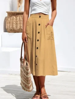 Clearance Women's Skirt A Line Fashion Casual Midi High Waist Skirts Plain Micro-elastic Street Daily Black Yellow Pink Navy Blue Summer Polyester Women Skirts