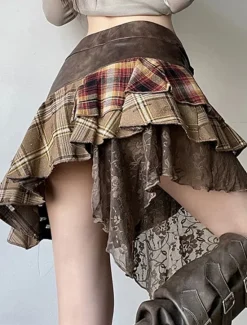 Outlet Women's Skirt A Line Fashion Casual Mini High Waist Skirts Plaid Irregular Hem Micro-elastic Street Daily Summer Polyester Women Skirts