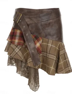 Outlet Women's Skirt A Line Fashion Casual Mini High Waist Skirts Plaid Irregular Hem Micro-elastic Street Daily Summer Polyester Women Skirts