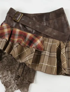 Outlet Women's Skirt A Line Fashion Casual Mini High Waist Skirts Plaid Irregular Hem Micro-elastic Street Daily Summer Polyester Women Skirts