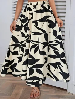 Best Women's Skirt A Line Fashion Casual Maxi High Waist Skirts Trees / Leaves Pocket Print Stretchy Street Daily White Green Summer Polyester Women Skirts