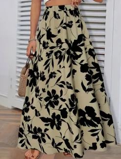 Best Women's Skirt A Line Fashion Casual Maxi High Waist Skirts Trees / Leaves Pocket Print Stretchy Street Daily White Green Summer Polyester Women Skirts