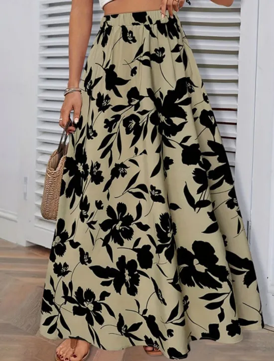 Best Women's Skirt A Line Fashion Casual Maxi High Waist Skirts Trees / Leaves Pocket Print Stretchy Street Daily White Green Summer Polyester Women Skirts