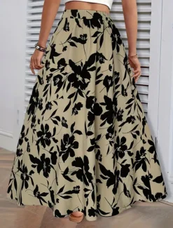 Best Women's Skirt A Line Fashion Casual Maxi High Waist Skirts Trees / Leaves Pocket Print Stretchy Street Daily White Green Summer Polyester Women Skirts
