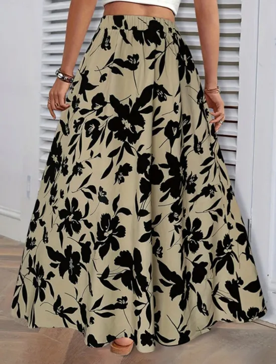 Best Women's Skirt A Line Fashion Casual Maxi High Waist Skirts Trees / Leaves Pocket Print Stretchy Street Daily White Green Summer Polyester Women Skirts