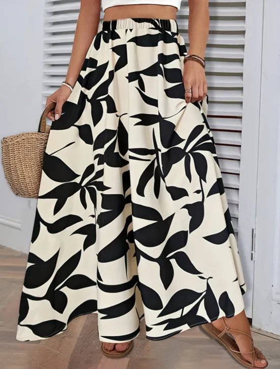 Best Women's Skirt A Line Fashion Casual Maxi High Waist Skirts Trees / Leaves Pocket Print Stretchy Street Daily White Green Summer Polyester Women Skirts