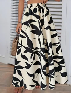 Best Women's Skirt A Line Fashion Casual Maxi High Waist Skirts Trees / Leaves Pocket Print Stretchy Street Daily White Green Summer Polyester Women Skirts